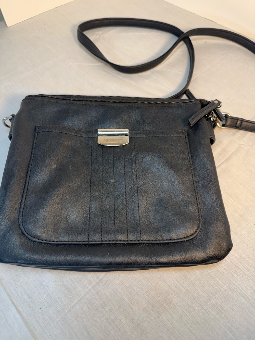 Rossetti black Leather Messenger Crossbody with Silver Accent